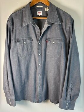 Levi's Men’s Western Shirt XXL Gray Denim Pearl Snap Stretch Cowboy Rodeo NWOT